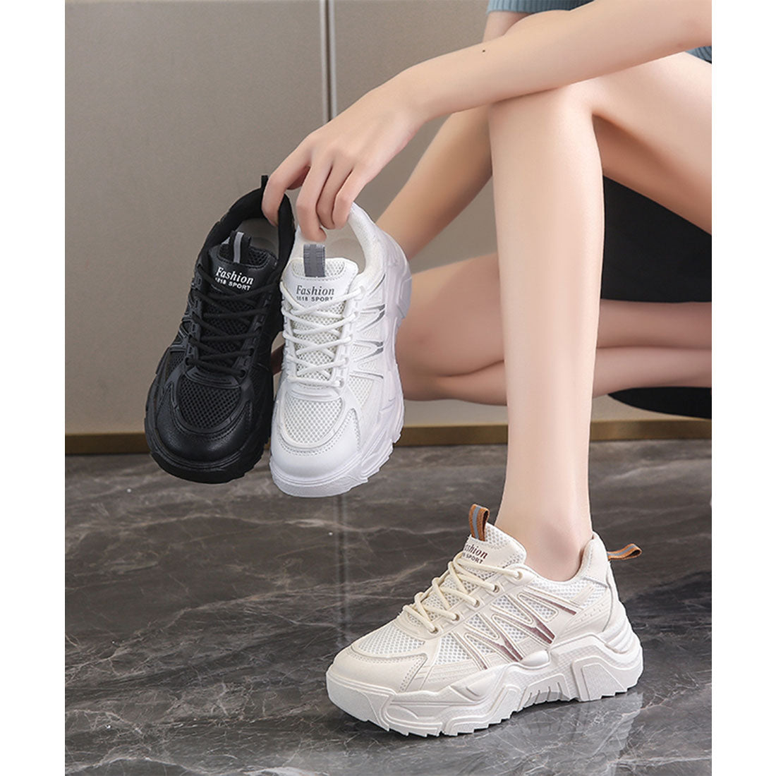 レースレディース Lace Ladies 配色ライン メッシュ ドッキング ウエッジ アグリーシューズ （アイボリー） アイボリー