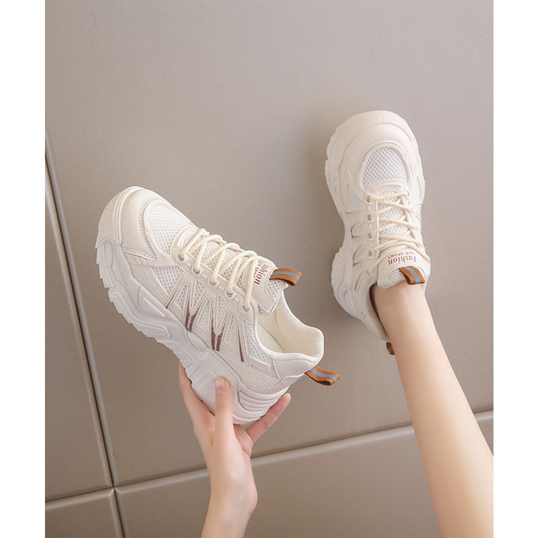 レースレディース Lace Ladies 配色ライン メッシュ ドッキング ウエッジ アグリーシューズ （アイボリー） アイボリー