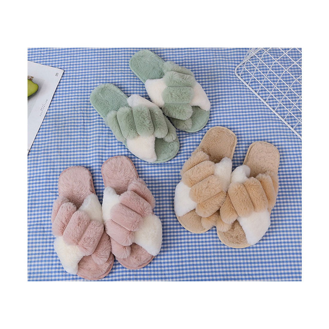 レースレディース Lace Ladies ミックス カラー オープン クロス ファー スリッパ