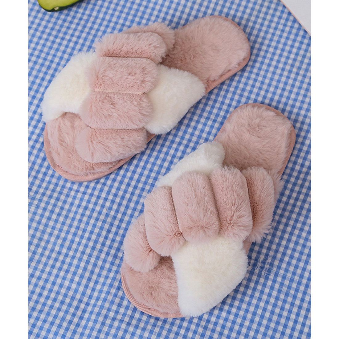 レースレディース Lace Ladies ミックス カラー オープン クロス ファー スリッパ