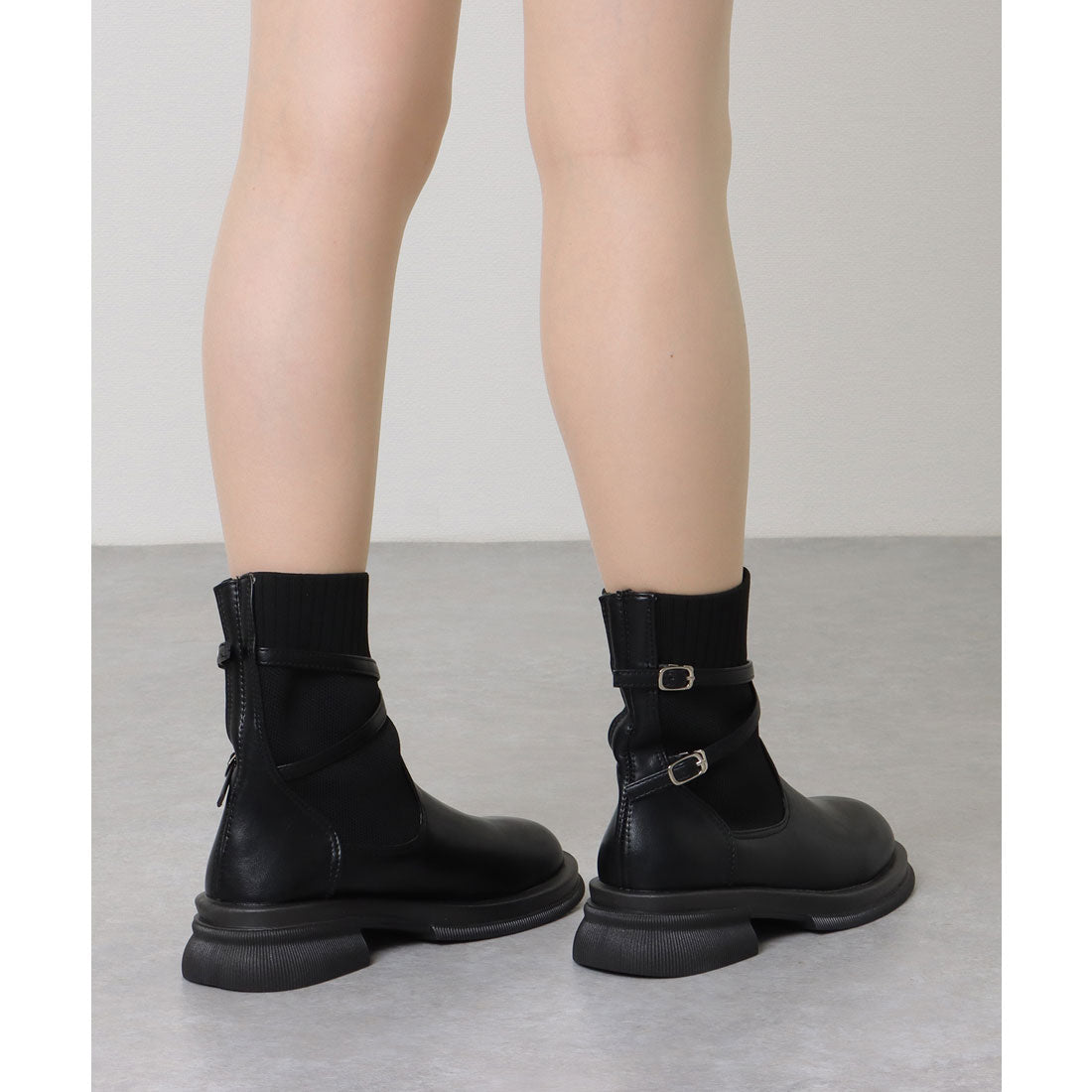 レースレディース Lace Ladies レザー調 クロスベルト付き ドッキング リブ ショートブーツ