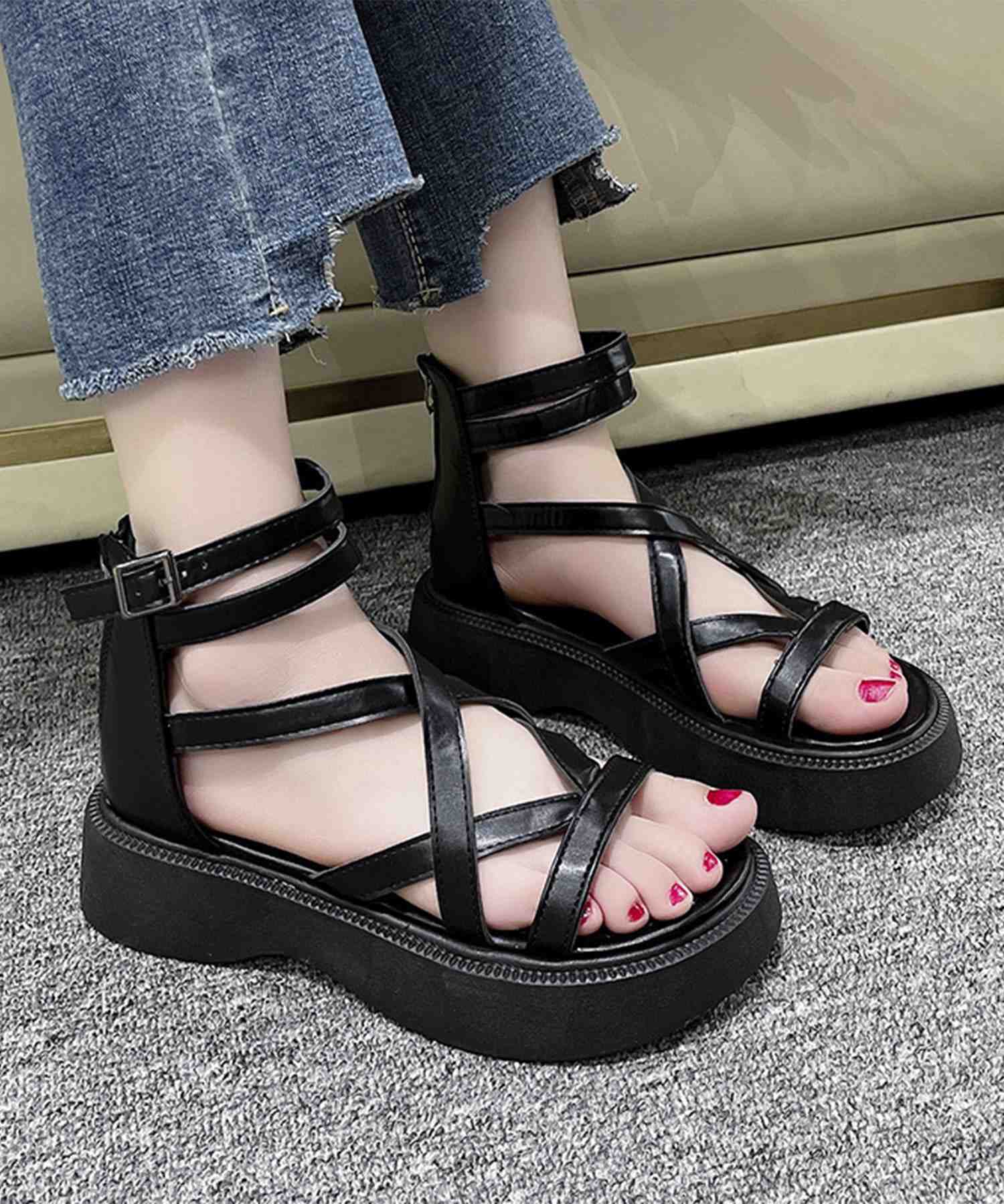 レースレディース Lace Ladies ハイカット グラディエーター ストラップ フラット サンダル （ブラック） ブラック