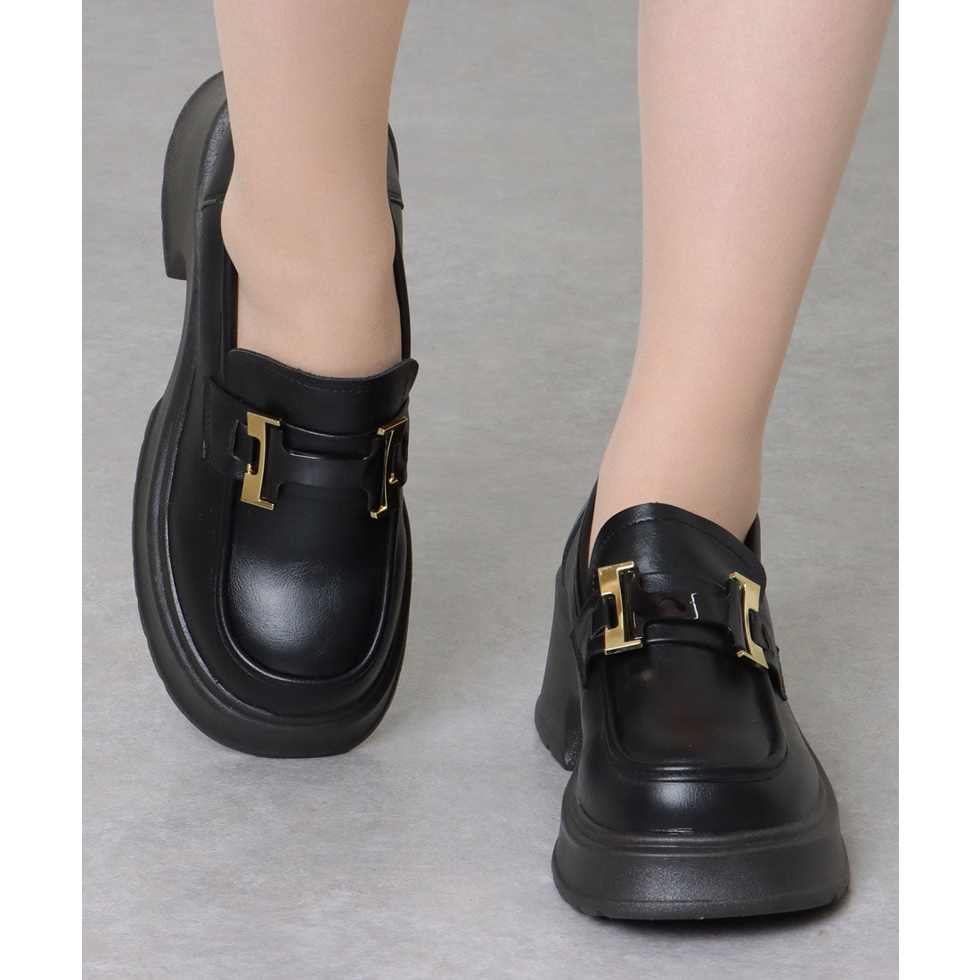 レースレディース Lace Ladies レザー調 バックル付き 厚底 クラシック ローファー