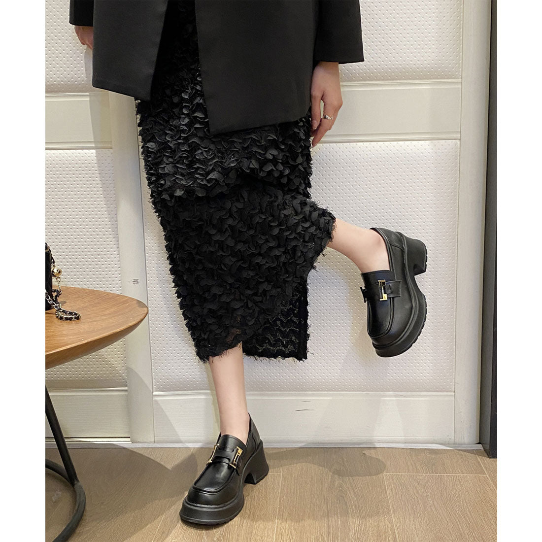 レースレディース Lace Ladies レザー調 バックル付き 厚底 クラシック ローファー