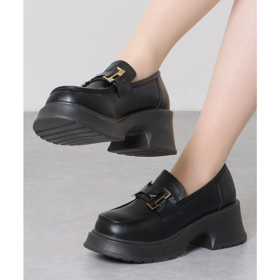 レースレディース Lace Ladies レザー調 バックル付き 厚底 クラシック ローファー
