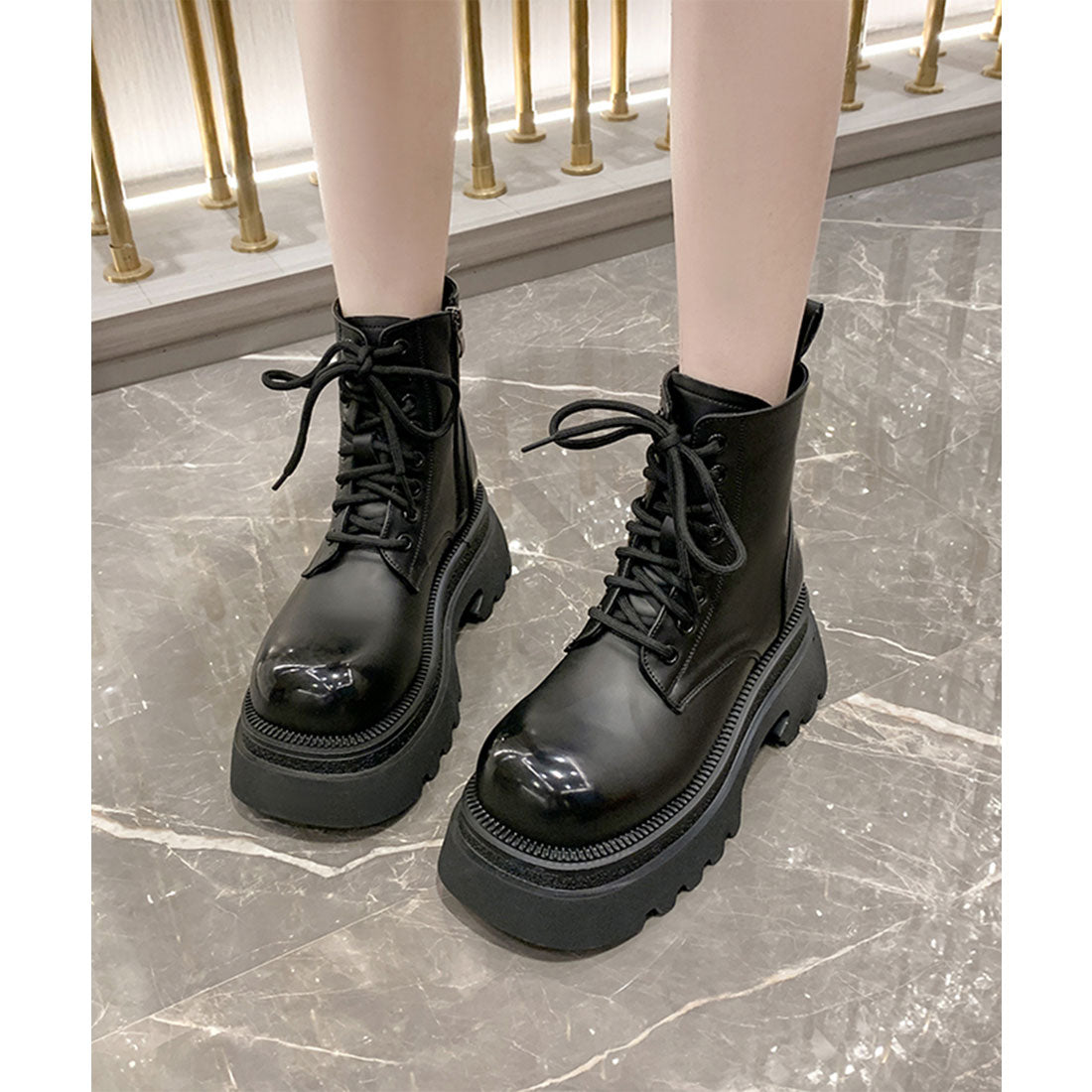 レースレディース Lace Ladies レザー調 パンチング ベルト 厚底 ショート ブーツ （ブラック） ブラック