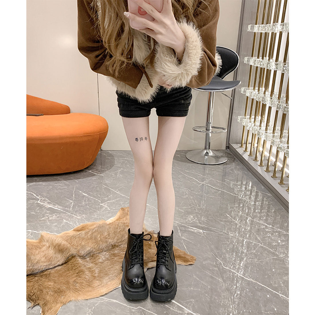 レースレディース Lace Ladies レザー調 パンチング ベルト 厚底 ショート ブーツ （ブラック） ブラック