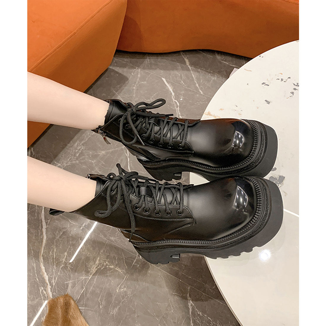 レースレディース Lace Ladies レザー調 パンチング ベルト 厚底 ショート ブーツ （ブラック） ブラック