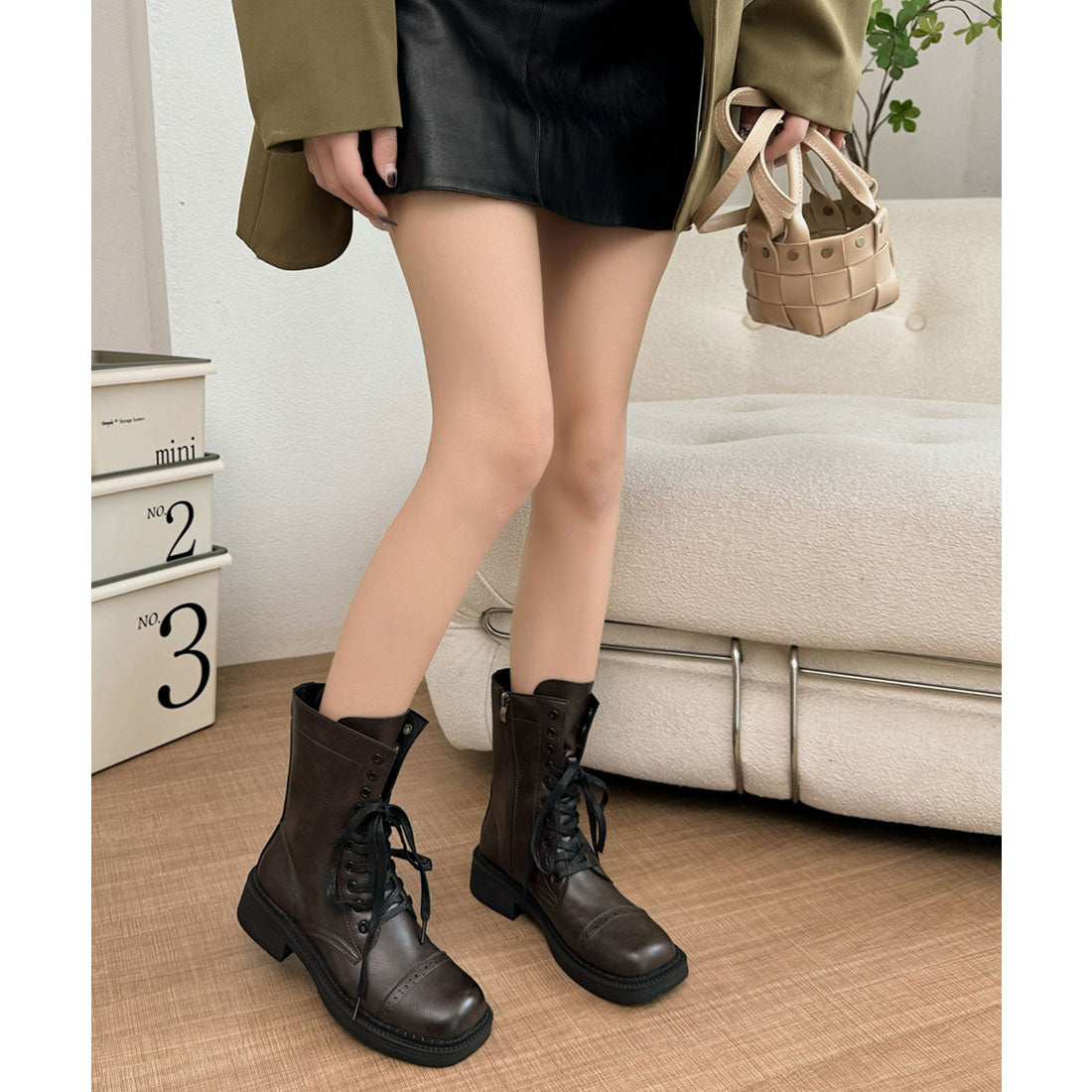 レースレディース Lace Ladies レザー調 レースアップ ローヒール ショート ブーツ