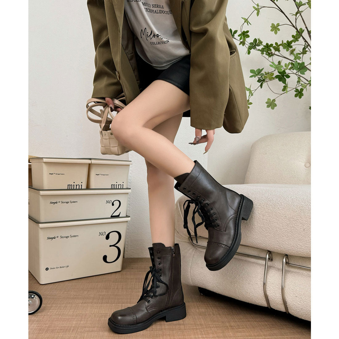 レースレディース Lace Ladies レザー調 レースアップ ローヒール ショート ブーツ