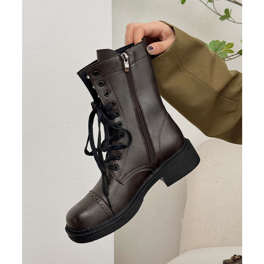 レースレディース Lace Ladies レザー調 レースアップ ローヒール ショート ブーツ
