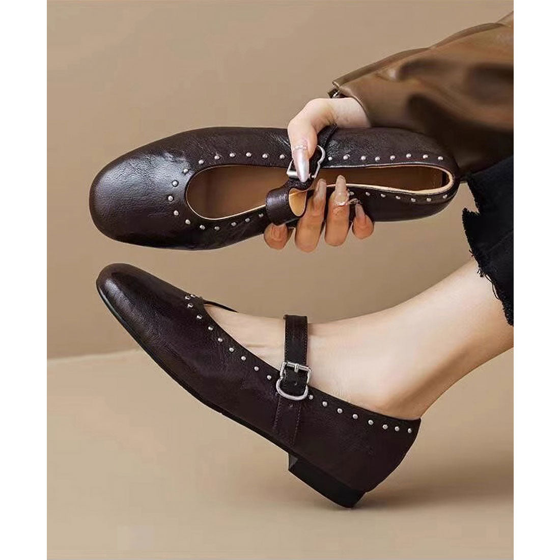 レースレディース Lace Ladies レザー調 スタッズ付き ラウンド ストラップ パンプス