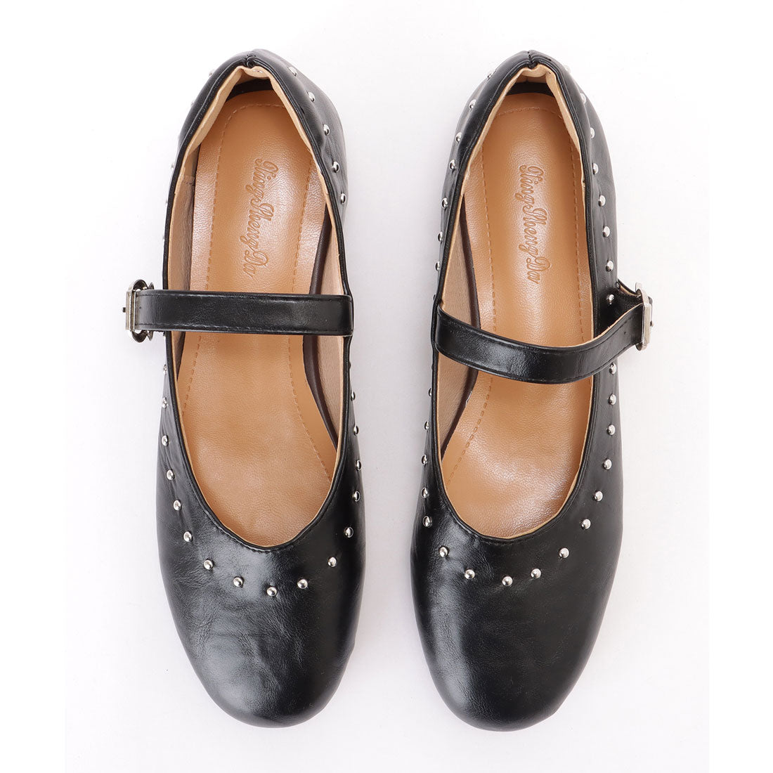 レースレディース Lace Ladies レザー調 スタッズ付き ラウンド ストラップ パンプス