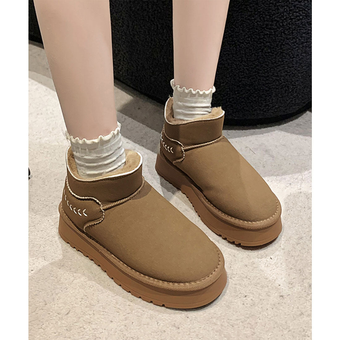 Race Ladies Lace Ladies Inner Fur Thick Sole Flat Mouton-style Boots