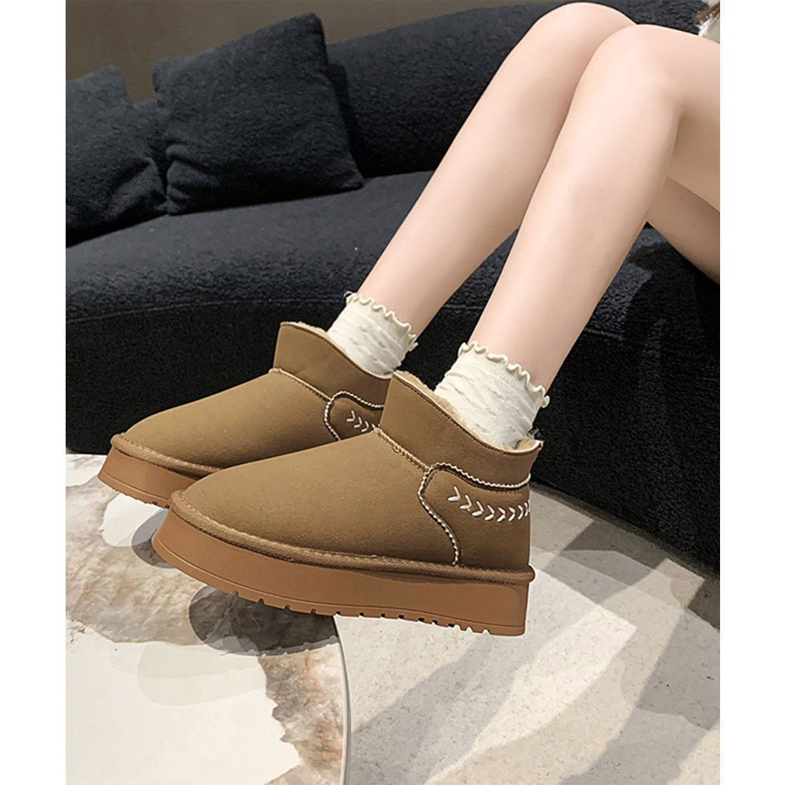 Race Ladies Lace Ladies Inner Fur Thick Sole Flat Mouton-style Boots