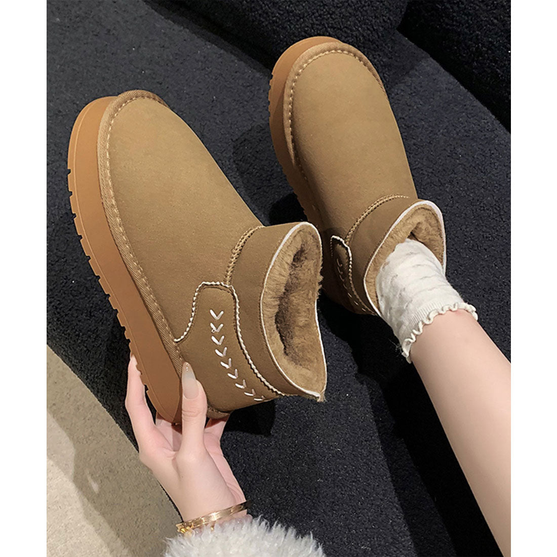 Race Ladies Lace Ladies Inner Fur Thick Sole Flat Mouton-style Boots
