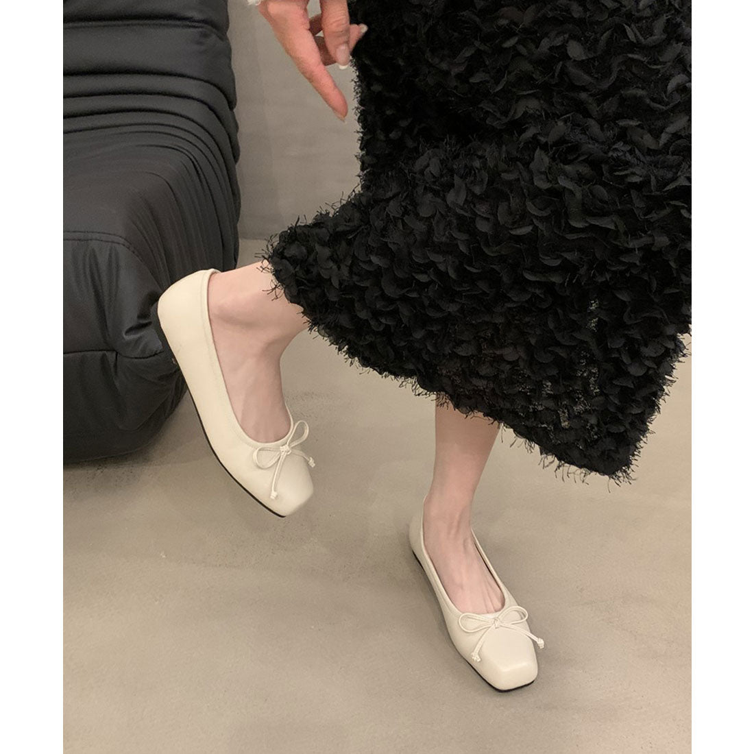 レースレディース Lace Ladies レザー調 スクエアトゥ リボン フラット パンプス