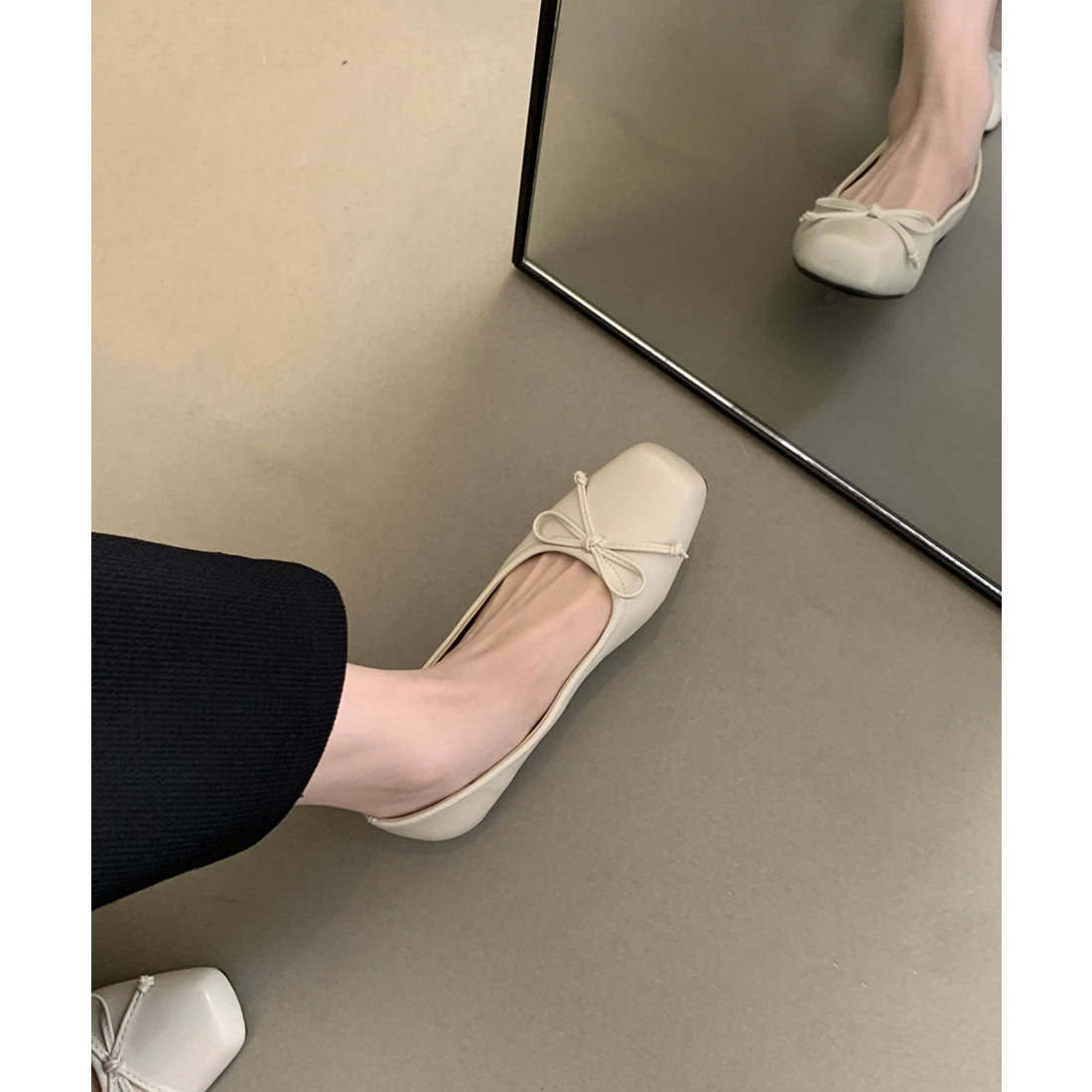 レースレディース Lace Ladies レザー調 スクエアトゥ リボン フラット パンプス