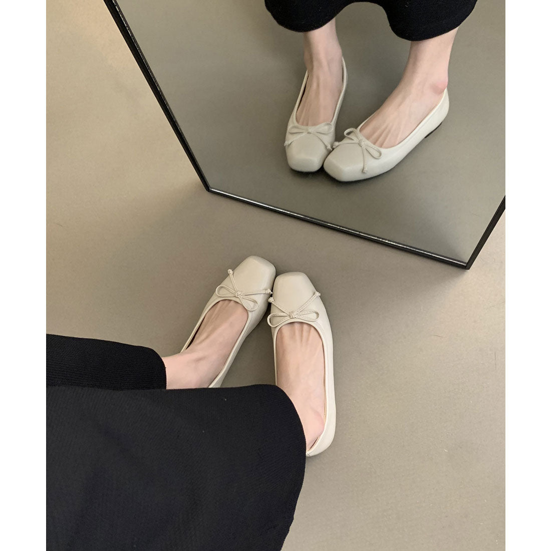 レースレディース Lace Ladies レザー調 スクエアトゥ リボン フラット パンプス