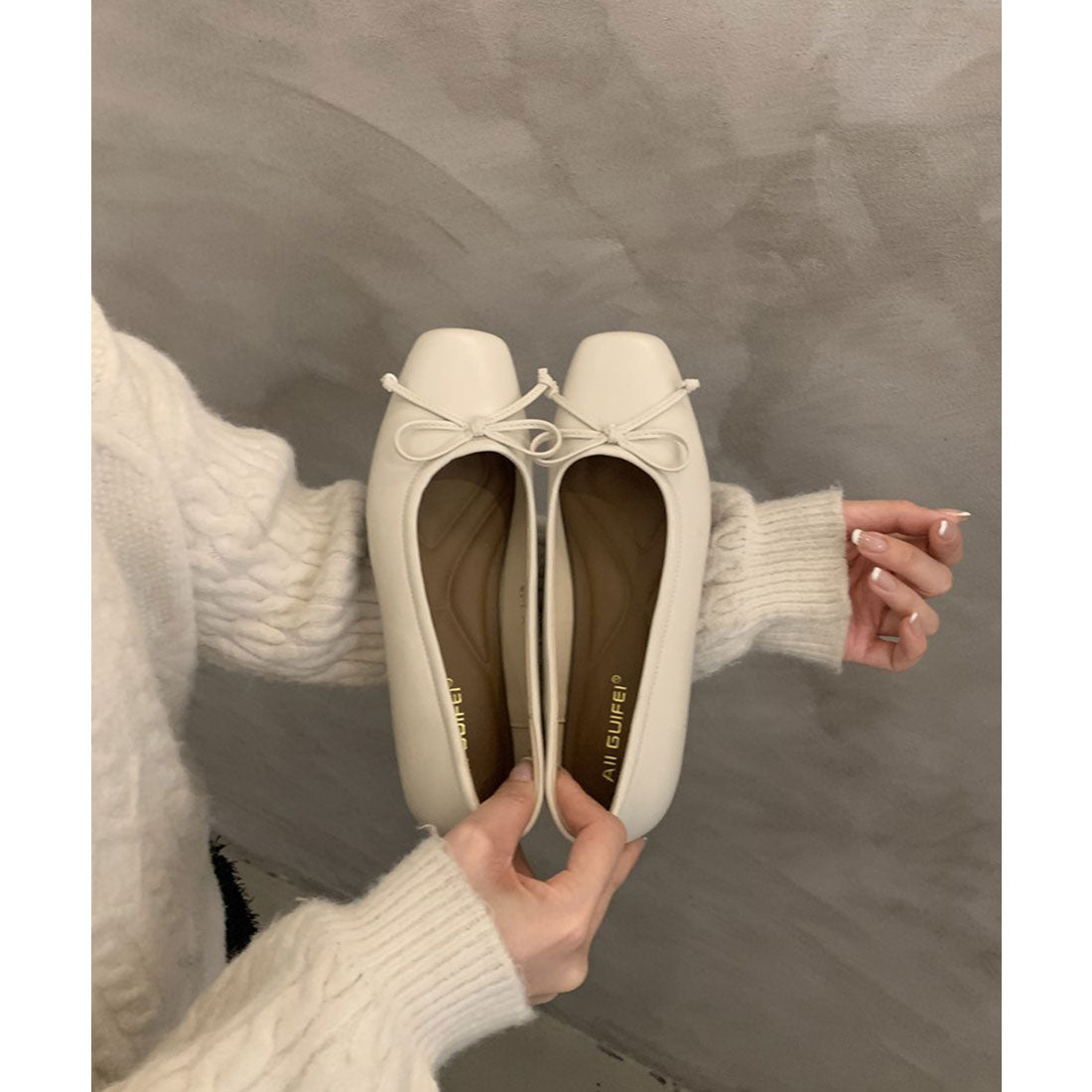 レースレディース Lace Ladies レザー調 スクエアトゥ リボン フラット パンプス
