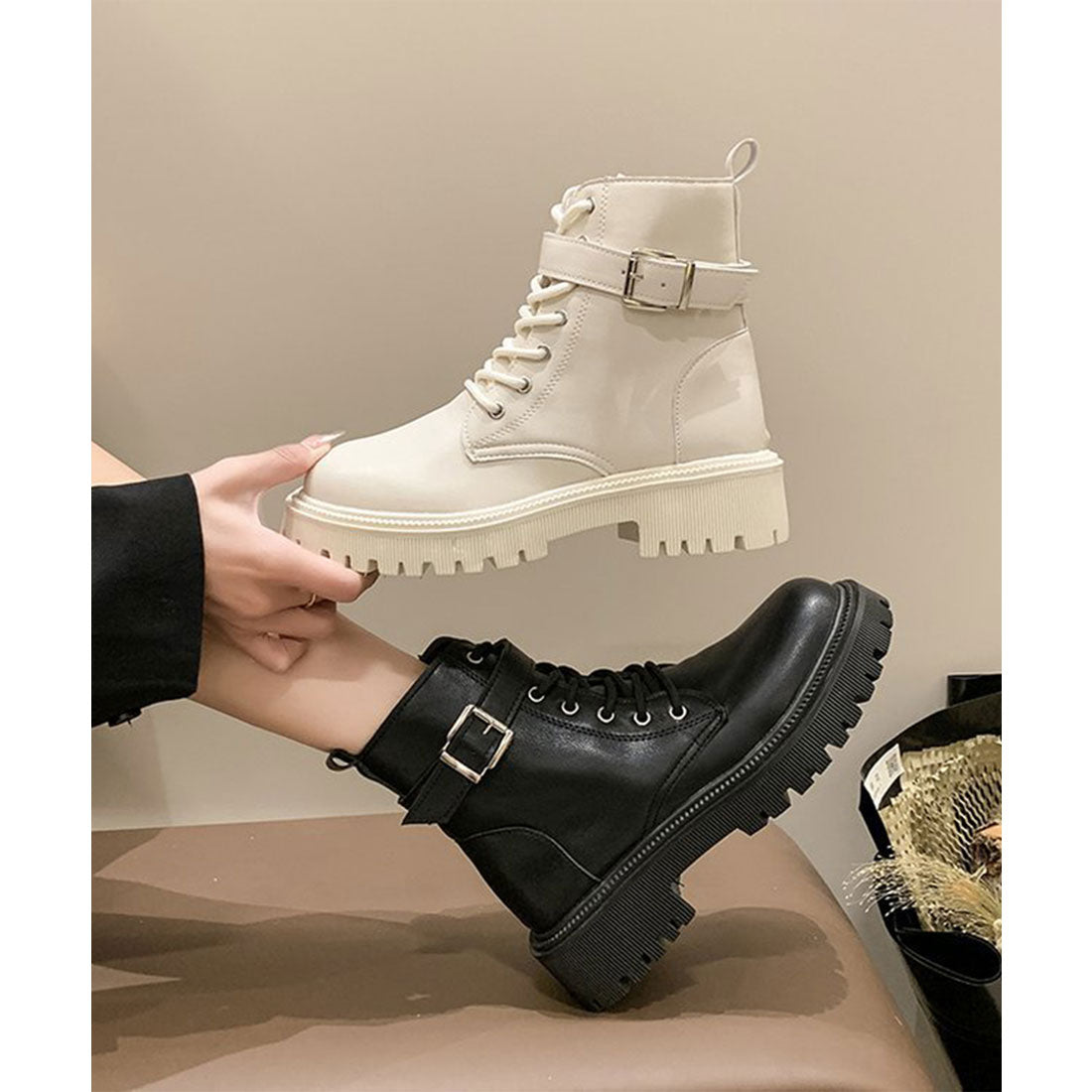 Lace Ladies Leather-like Belted Lace-up Short Boots