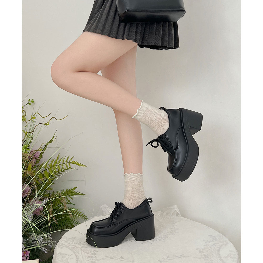 レースレディース Lace Ladies レザー調 厚底 クラシカル レースアップ シューズ