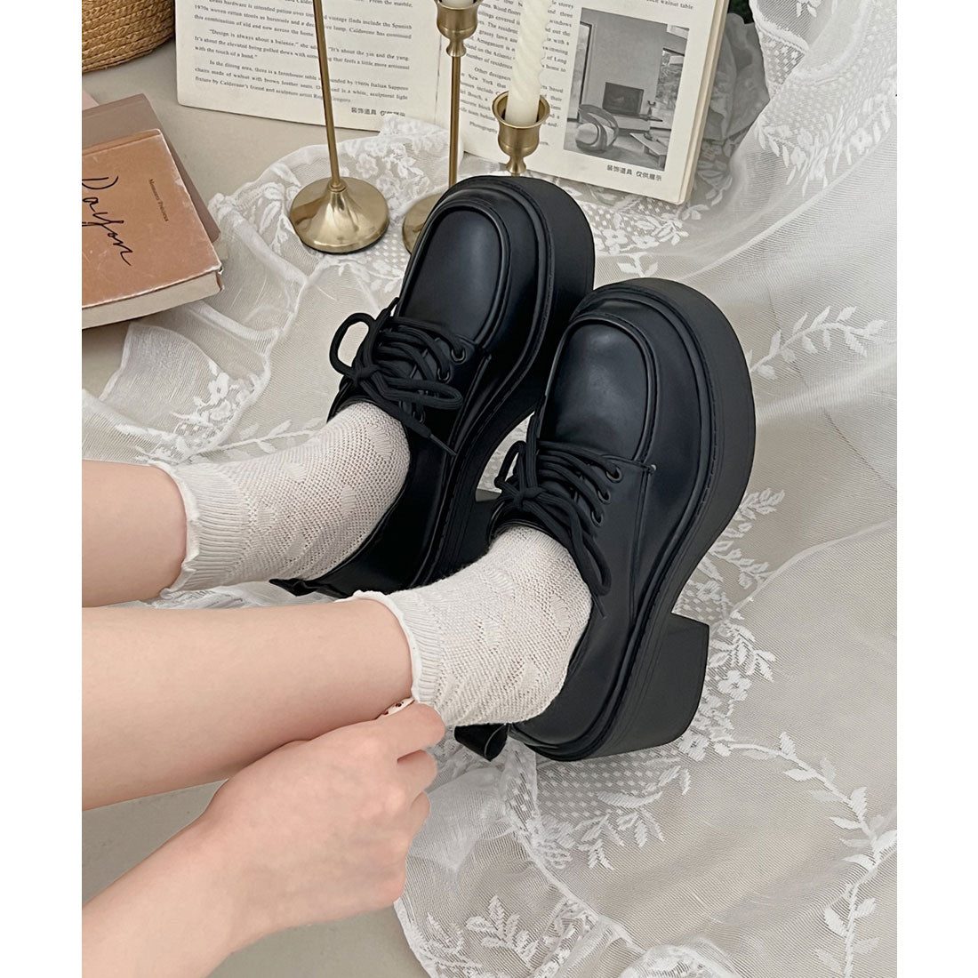 レースレディース Lace Ladies レザー調 厚底 クラシカル レースアップ シューズ