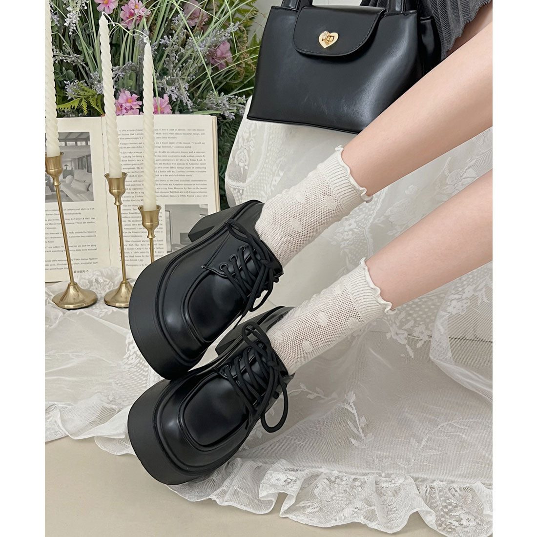 レースレディース Lace Ladies レザー調 厚底 クラシカル レースアップ シューズ