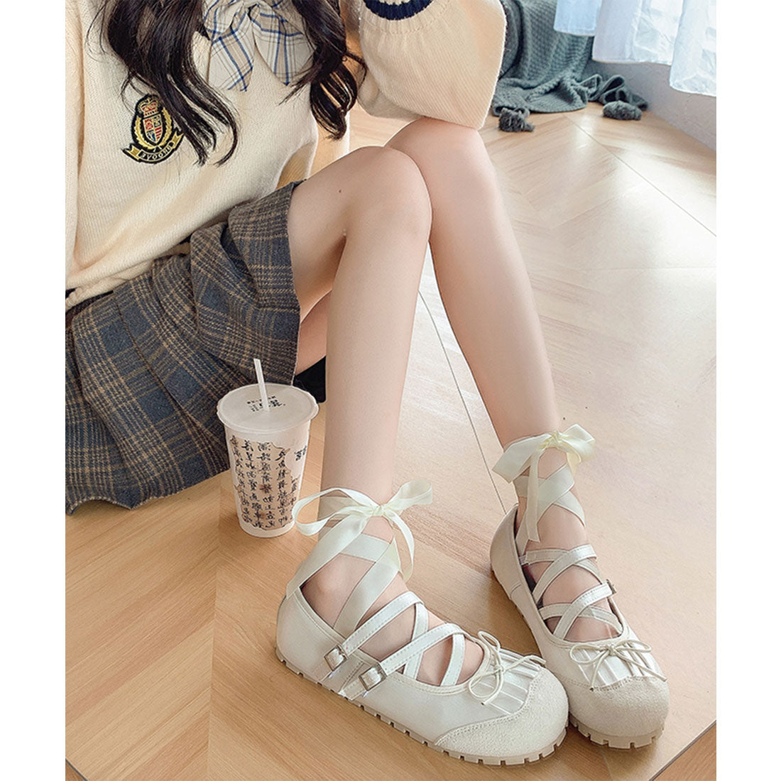 Lace Ladies Leather-like Cross Strap Lace-up Ballet Shoes