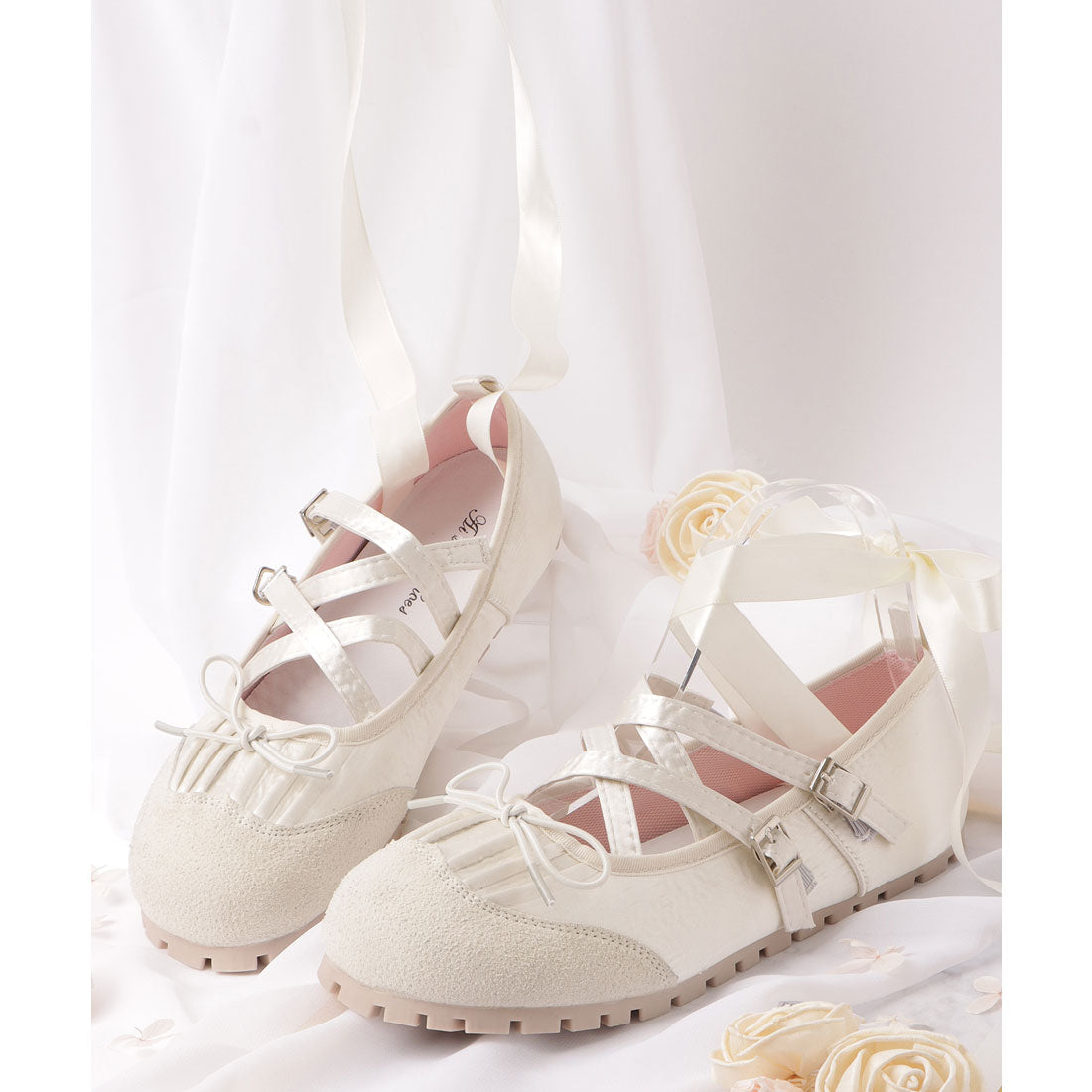 Lace Ladies Leather-like Cross Strap Lace-up Ballet Shoes