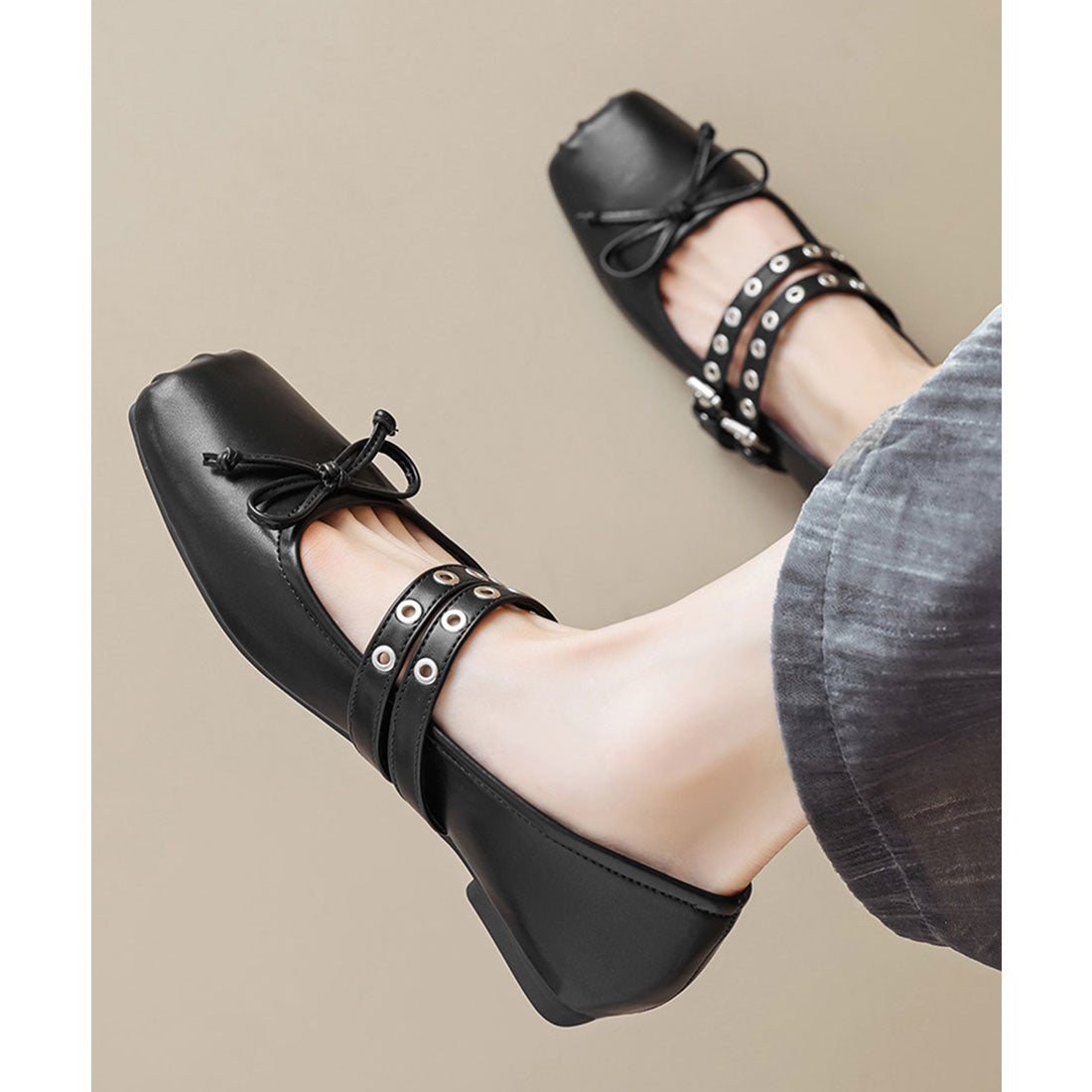 Race Ladies Lace Ladies Square Toe Studs Belt Flat Ribbon Pumps
