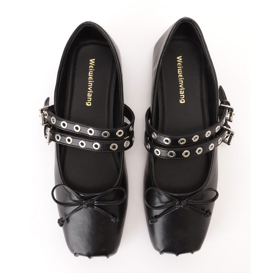 Race Ladies Lace Ladies Square Toe Studs Belt Flat Ribbon Pumps