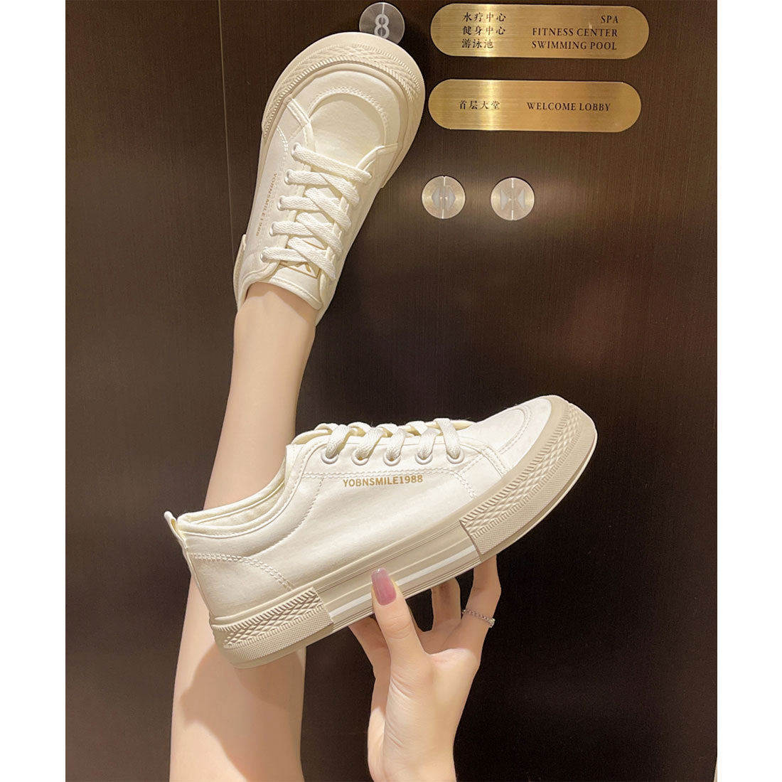 レースレディース Lace Ladies レースアップ 厚底 ステッチ キャンバス スニーカー （アイボリー） アイボリー