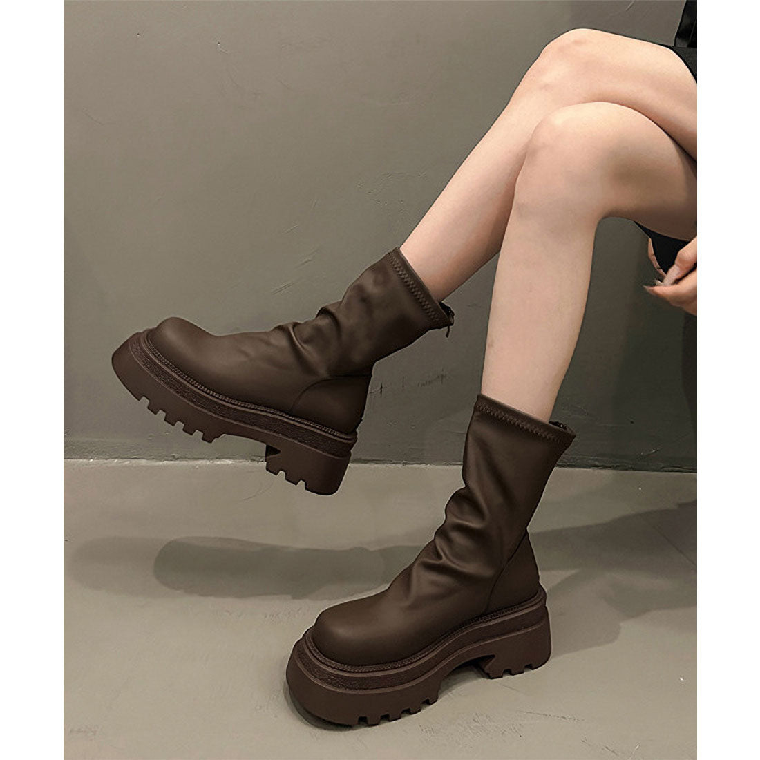 Race Ladies Lace Ladies Solid Color Thick Sole Round Short Boots
