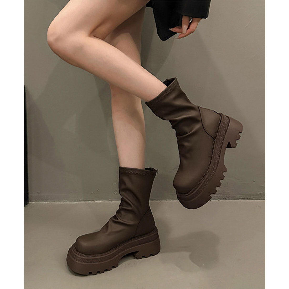 Race Ladies Lace Ladies Solid Color Thick Sole Round Short Boots