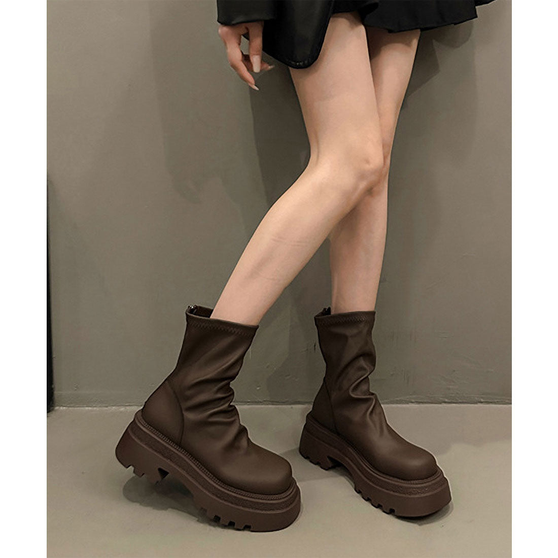 Race Ladies Lace Ladies Solid Color Thick Sole Round Short Boots