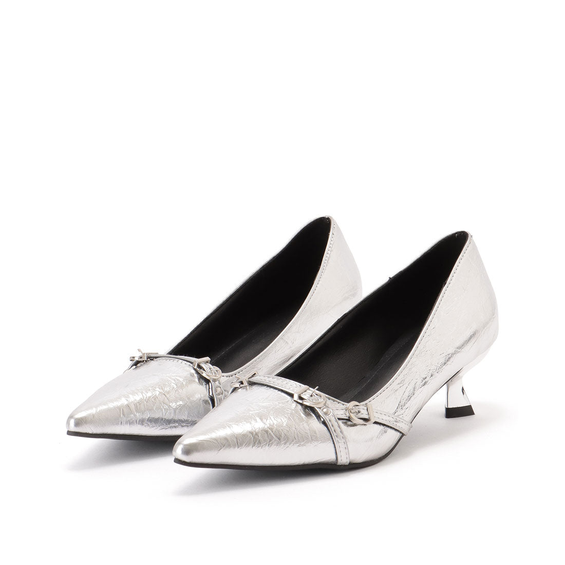 レースレディース Lace Ladies レザー調 ダブル ベルト ポインテッド パンプス （シルバー） シルバー
