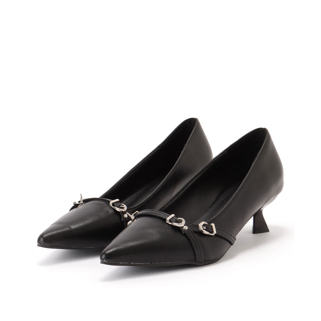 レースレディース Lace Ladies レザー調 ダブル ベルト ポインテッド パンプス （ブラック） ブラック