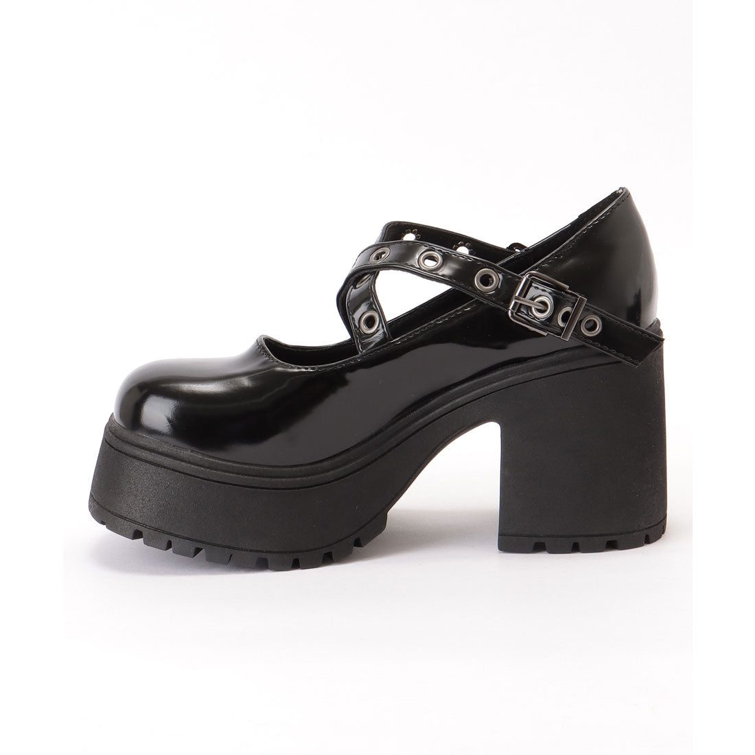 レースレディース Lace Ladies エナメル風 厚底 ハイヒール スタッズ ベルト シューズ （ブラック） ブラック