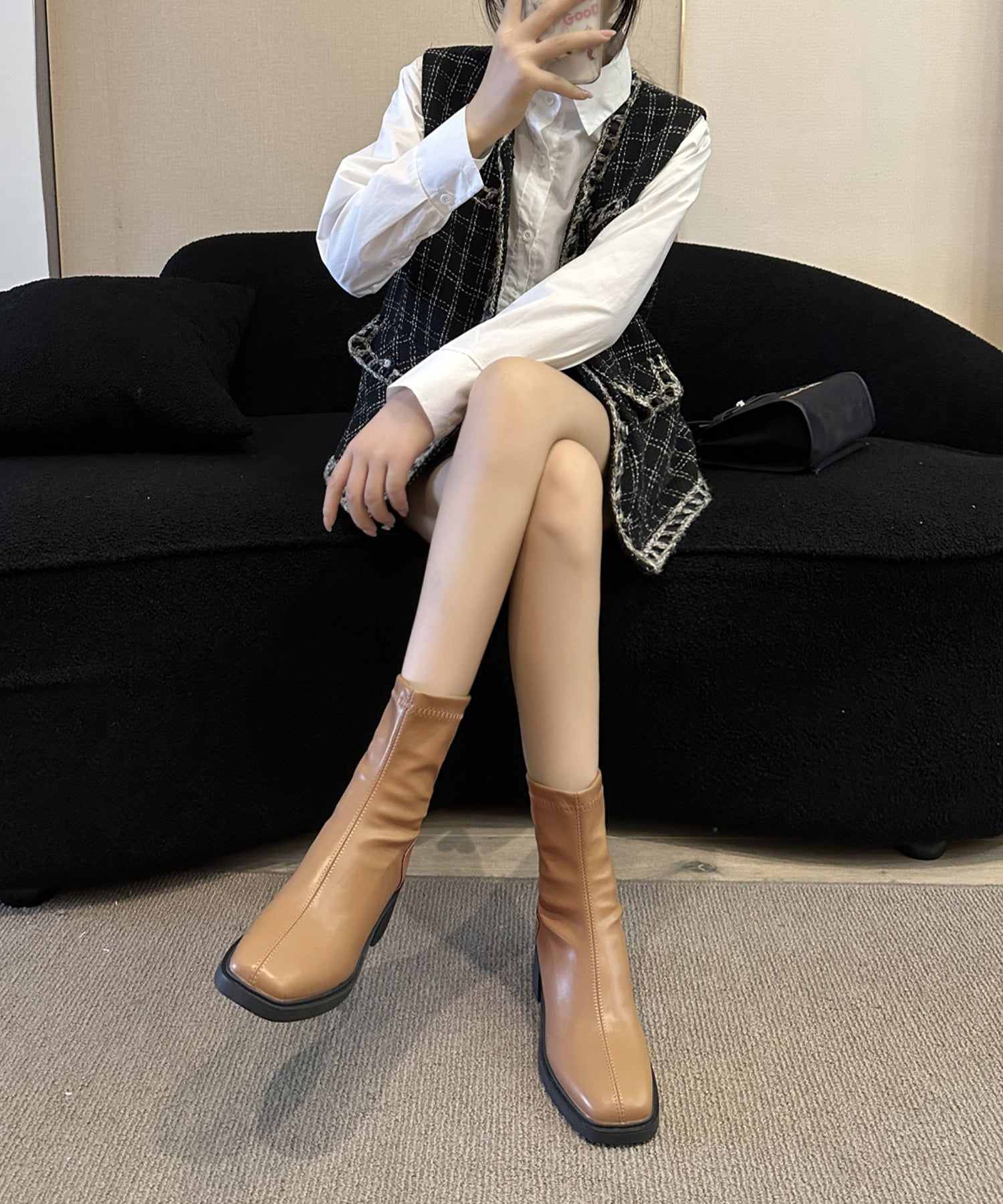 レースレディース Lace Ladies レザー調 スクエアトゥ チャンキーヒール ショート ブーツ （ベージュ） ベージュ