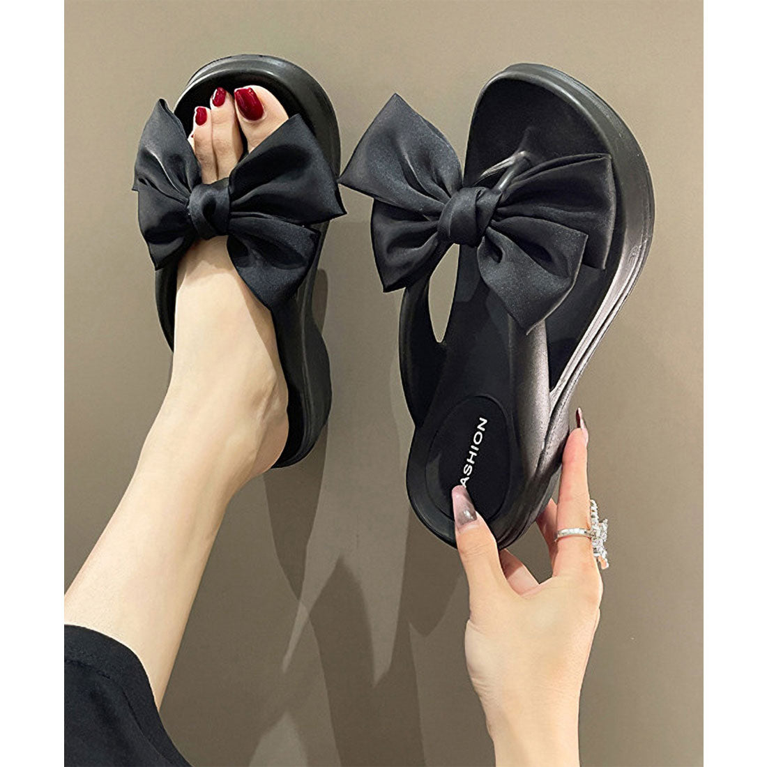 レースレディース Lace Ladies サテン リボン EVA 厚底 トング サンダル （ブラック） ブラック