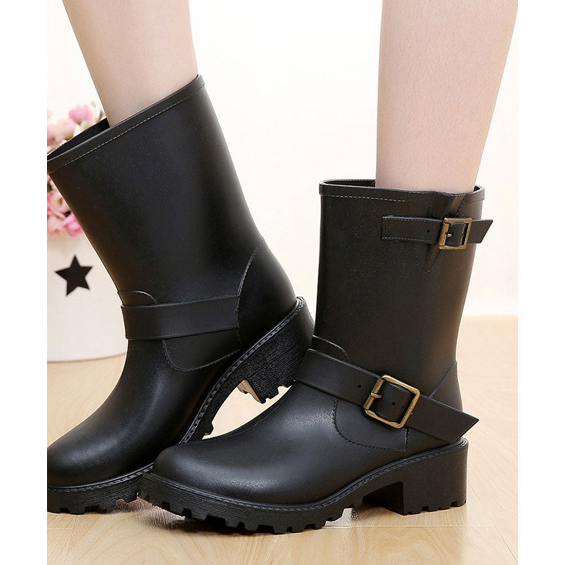 レースレディース Lace Ladies ラバー素材 ベルト付き ミドル レイン ブーツ （ブラック） ブラック