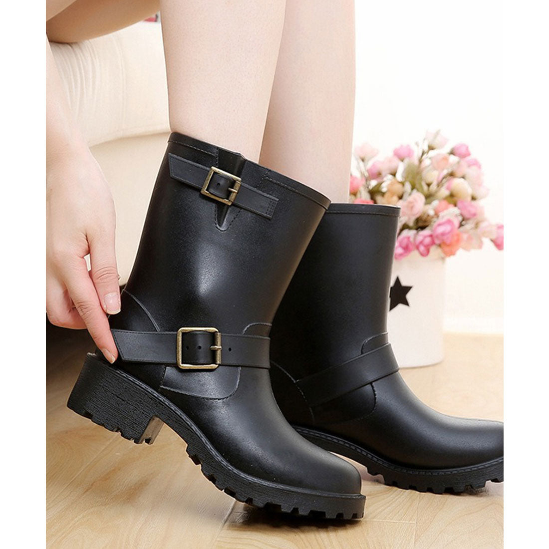 レースレディース Lace Ladies ラバー素材 ベルト付き ミドル レイン ブーツ （ブラック） ブラック