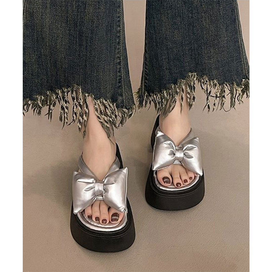 レースレディース Lace Ladies リボン トング風 プラットフォーム 厚底 サンダル （シルバー） シルバー