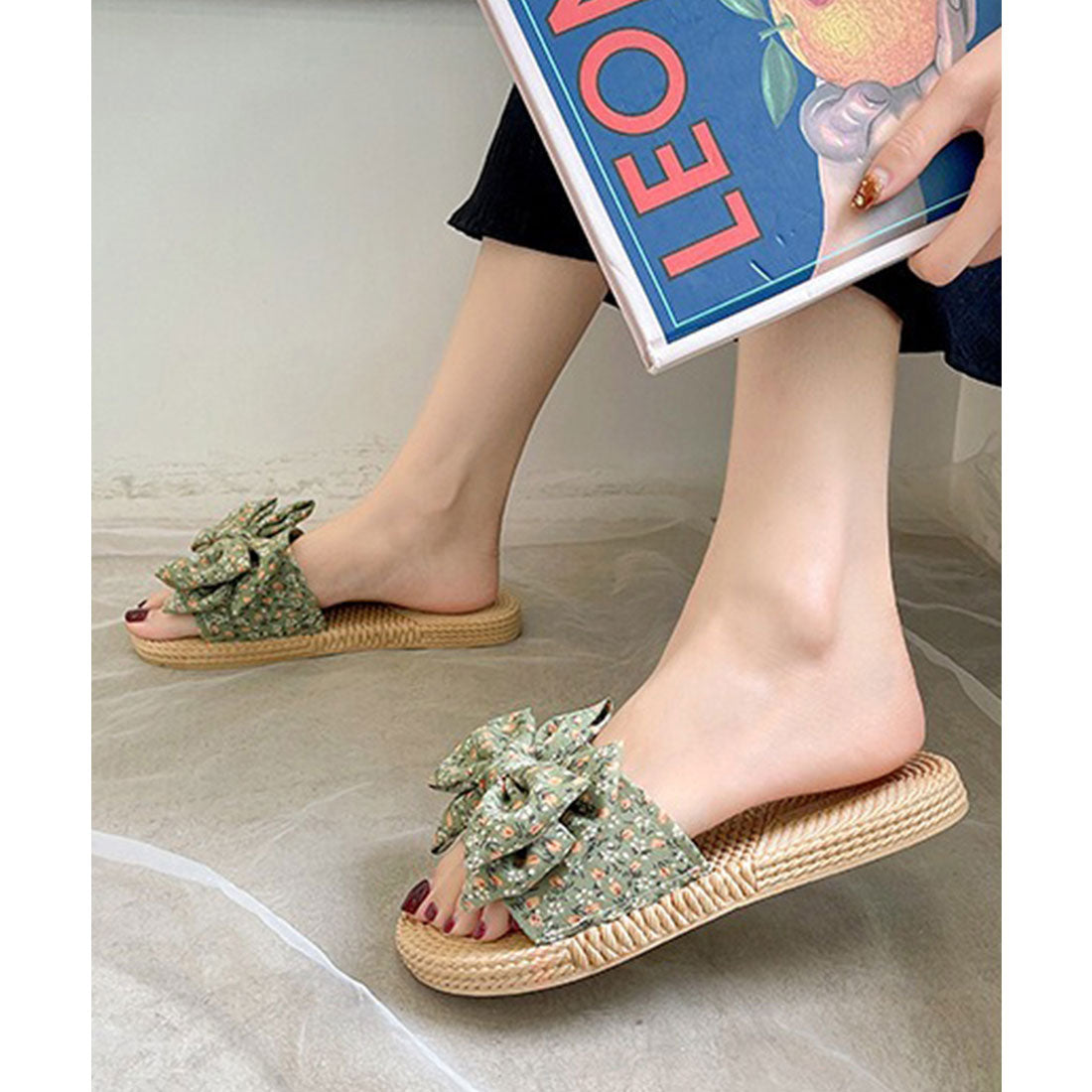 レースレディース Lace Ladies 花柄 リボン エスパドリーユ風 フラット サンダル （グリーン） グリーン