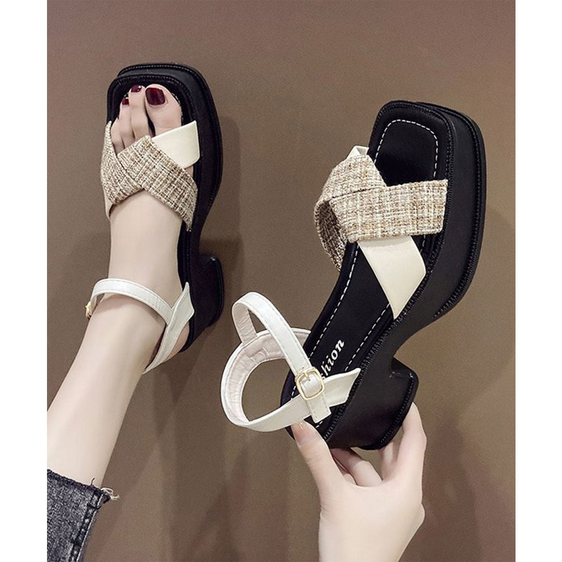 レースレディース Lace Ladies 配色 ツイード ツイスト クロス ストラップ 厚底 サンダル （アイボリー） アイボリー
