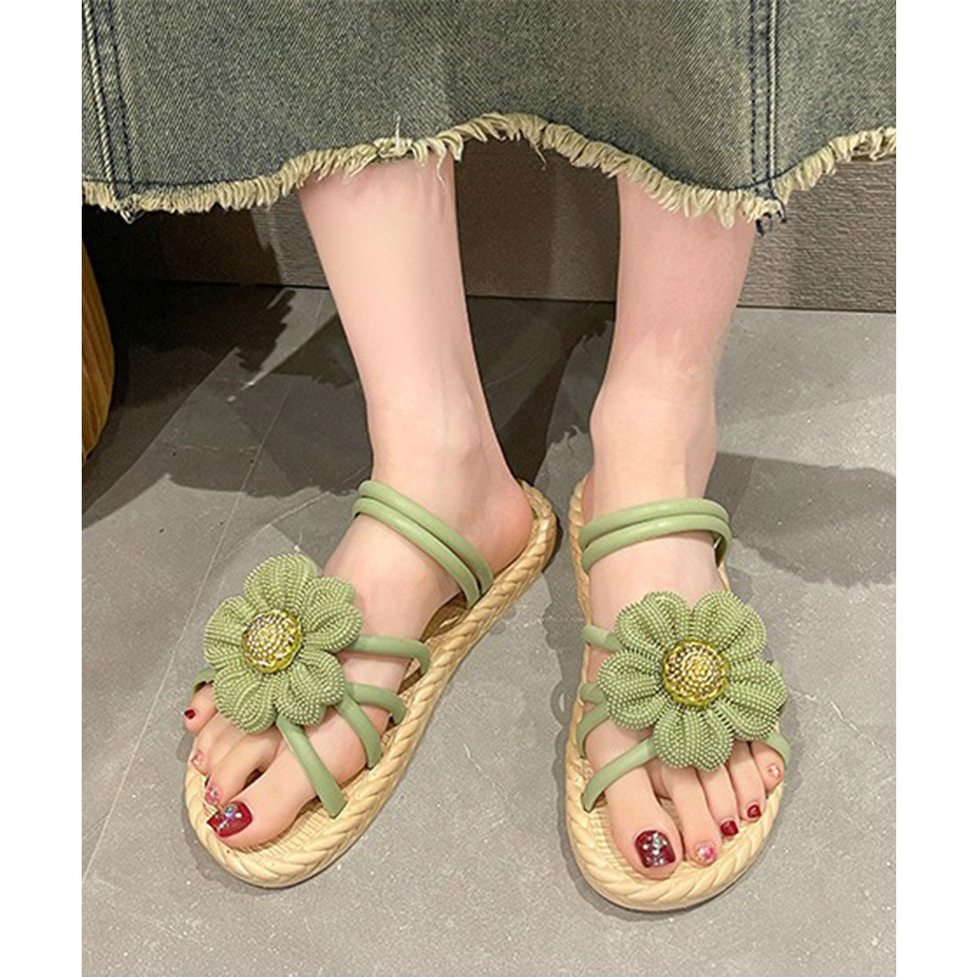 レースレディース Lace Ladies 2WAY ビッグ フラワー ストラップ エスパドリーユ風 サンダル （グリーン） グリーン