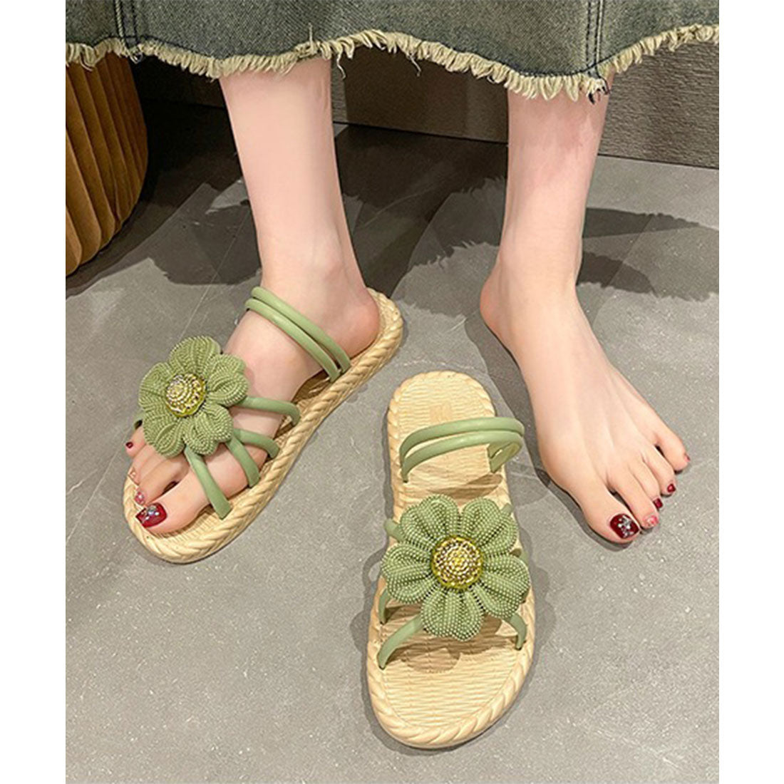 レースレディース Lace Ladies 2WAY ビッグ フラワー ストラップ エスパドリーユ風 サンダル （グリーン） グリーン