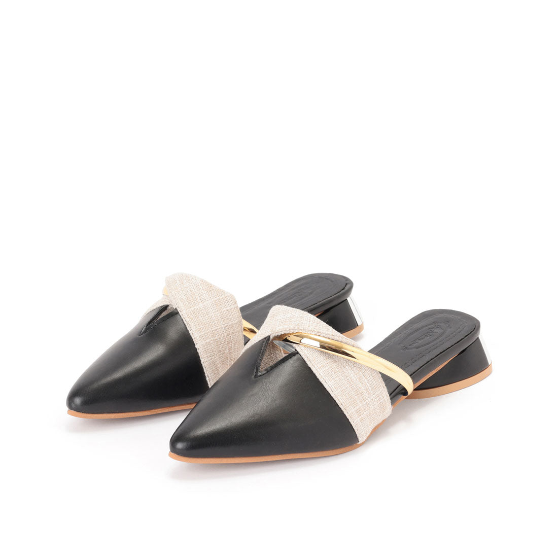 レースレディース Lace Ladies 異素材 配色 メタルストラップ ポインテッドトゥ ミュール サンダル （ブラック） ブラック