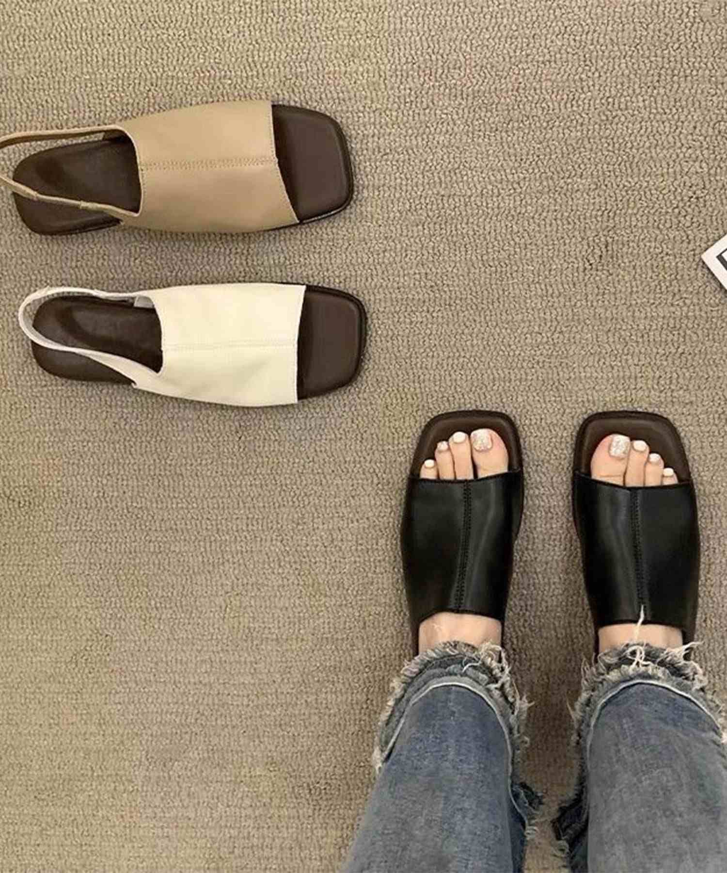 レースレディース Lace Ladies スクエアトゥ フロントステッチ バックストラップ付き フラット サンダル （ブラック） ブラック